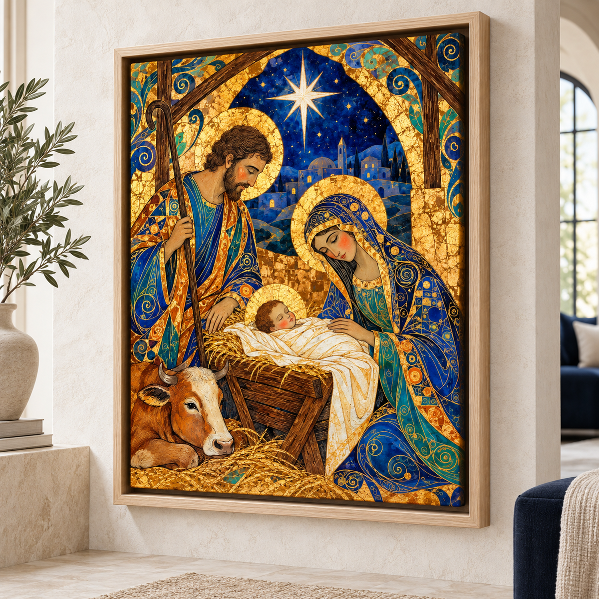Blue and Gold Nativity Scene Canvas Wall Art - room display