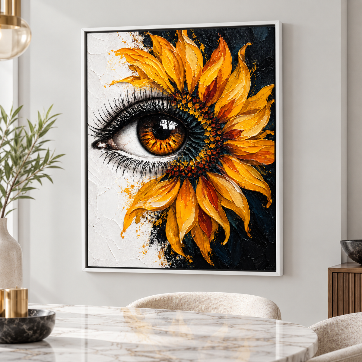 Golden Sunflower Eye Surreal Floral Canvas Wall Art