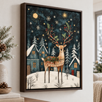 Christmas Reindeer in Snowy Village Canvas Wall Art - holiday decor view