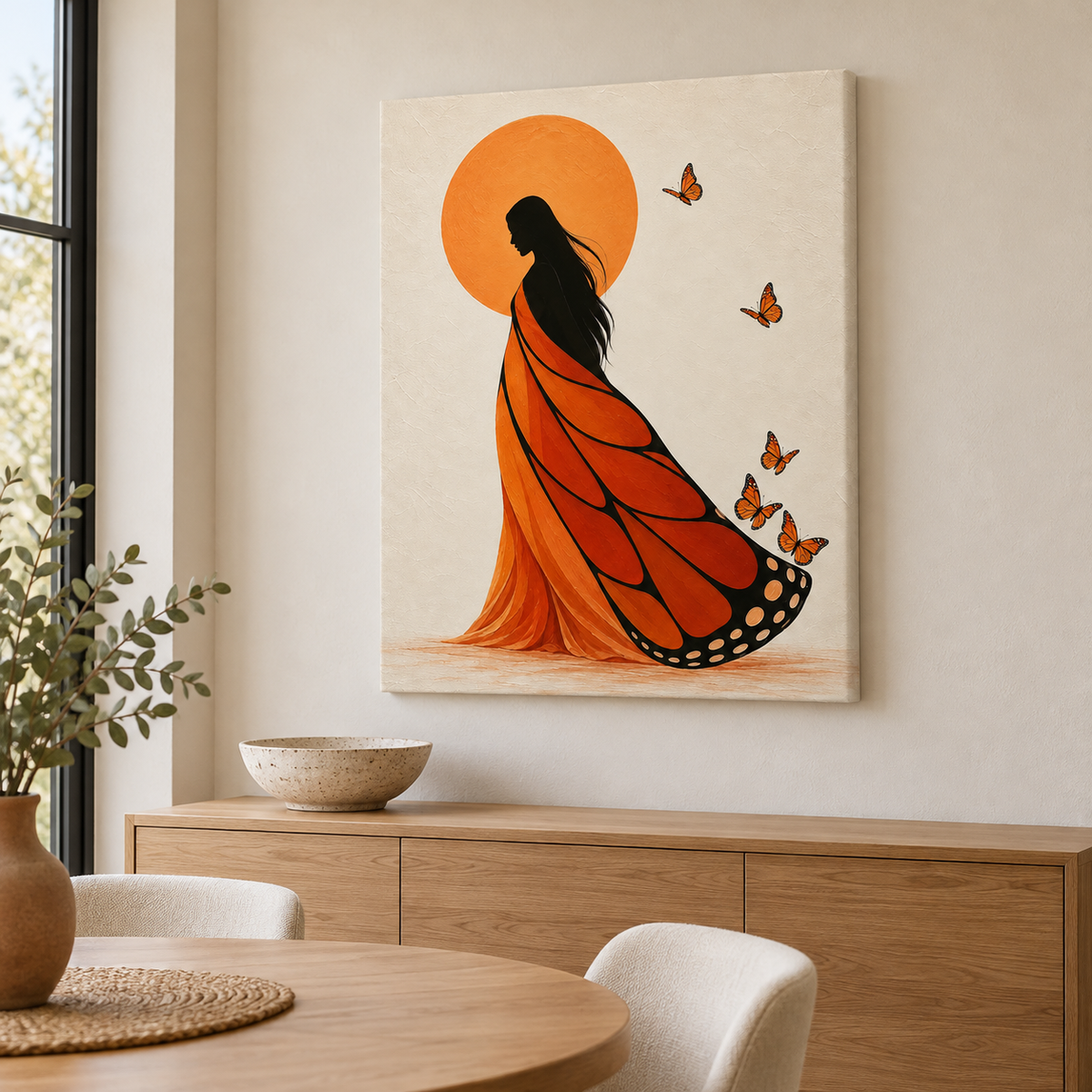Orange Butterfly Dress Woman Canvas Wall Art