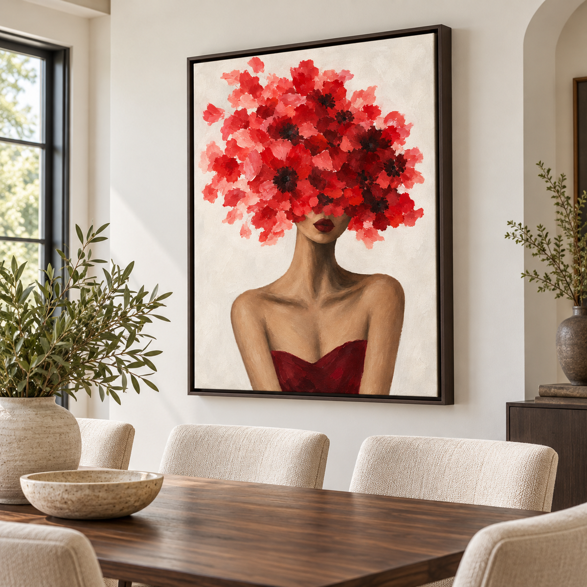 Red Floral Woman Portrait Canvas Wall Art