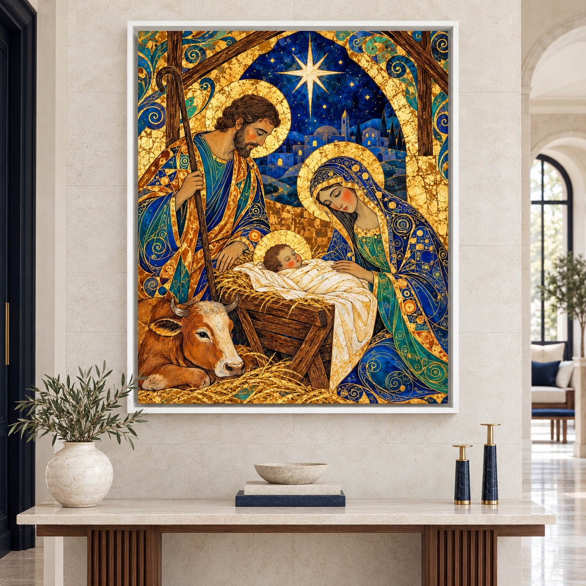 Blue and Gold Nativity Scene Canvas Wall Art - artwork close-up