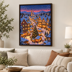 Snowy Alpine Christmas Market Village Canvas Wall Art - canvas detail view 9