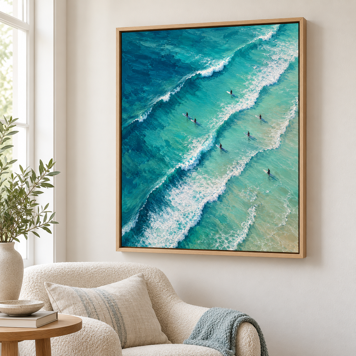 Turquoise Ocean Waves and Surfers Canvas Wall Art