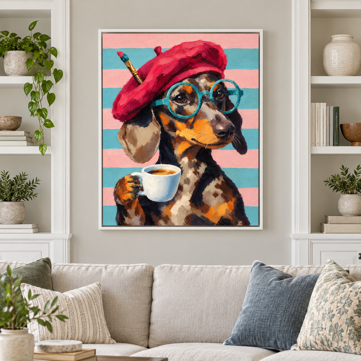 Funny Dachshund Artist with Coffee Canvas Wall Art