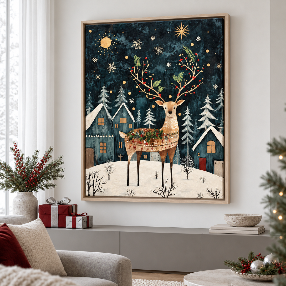 Christmas Reindeer in Snowy Village Canvas Wall Art - main artwork
