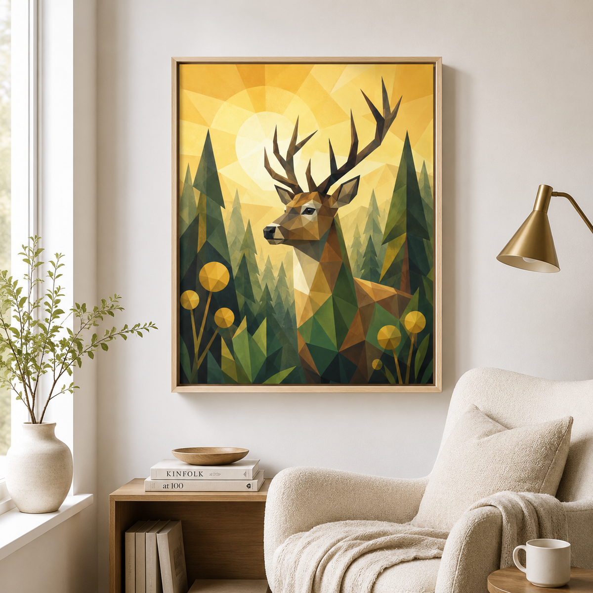 Deer Canvas Wall Art natural wood frame in room