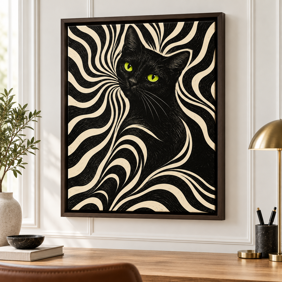 Retro Black Cat with Psychedelic Swirls Canvas Wall Art