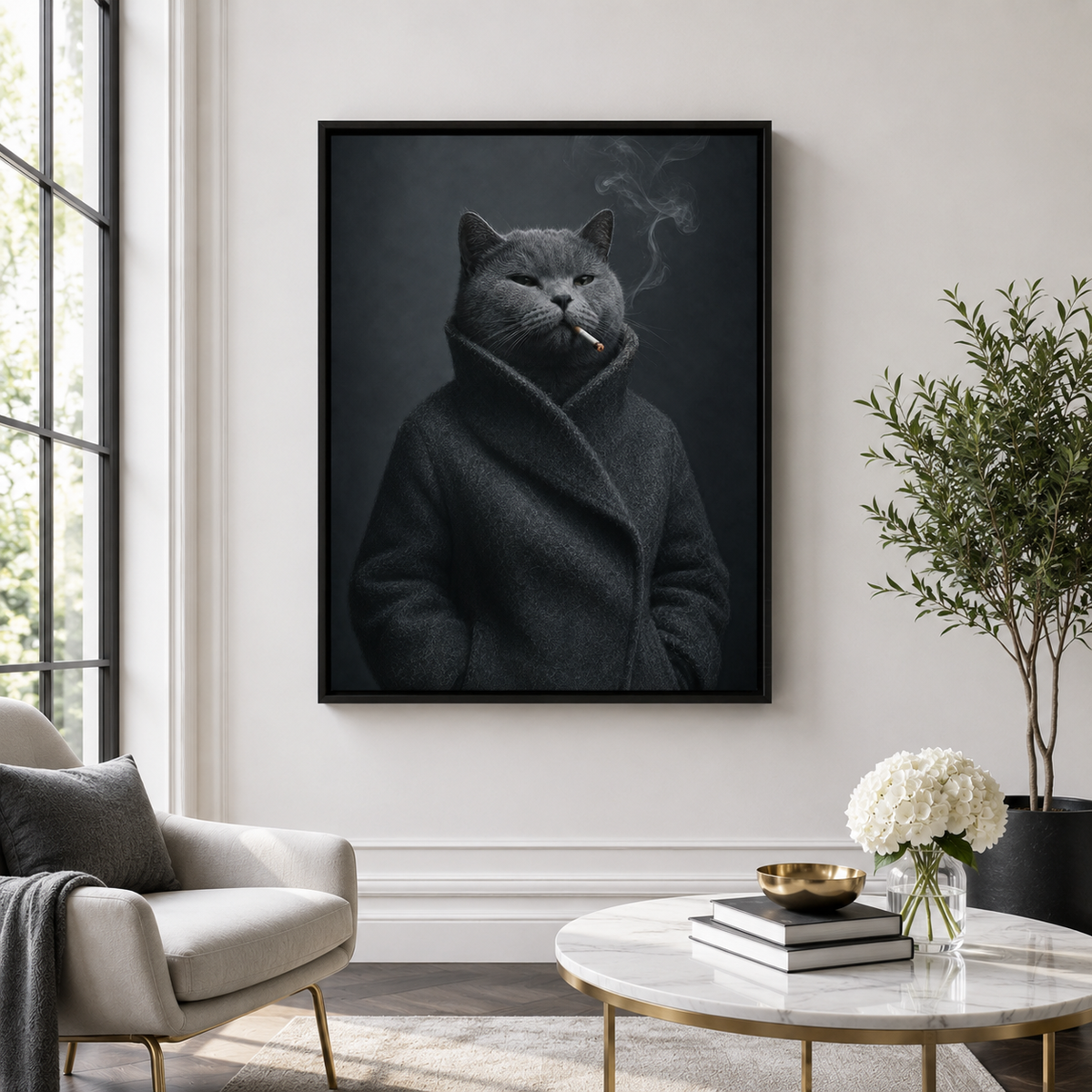 Custom Moody Gray Cat Portrait Canvas Wall Art