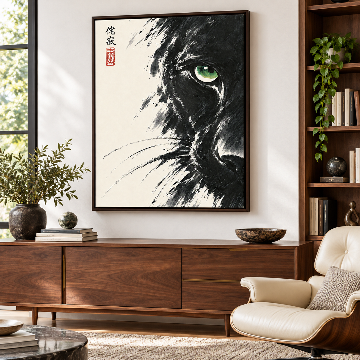 Japanese Black Cat Green Eye Canvas Wall Art