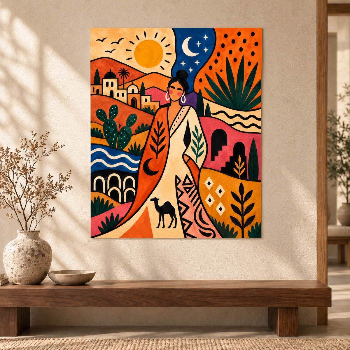 Boho Desert Woman Sun and Moon Canvas Wall Art - canvas detail view 7