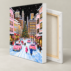 Pink Christmas City Street Canvas Wall Art - canvas detail view 11