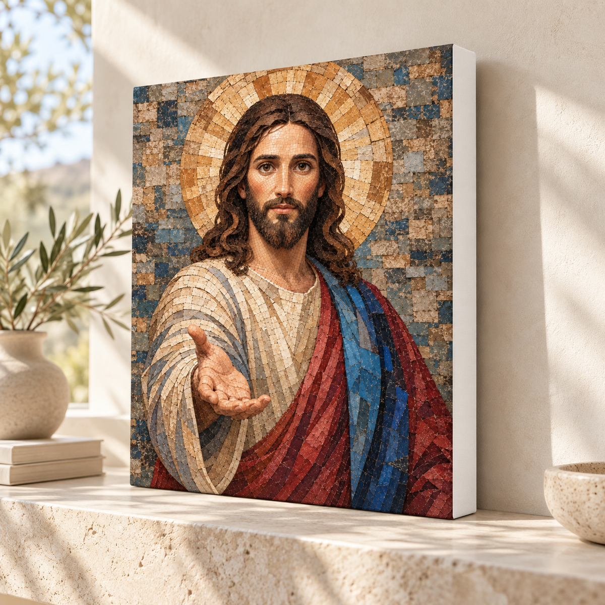 Jesus Christ Blue and Gold Mosaic Canvas Wall Art - canvas detail view 7