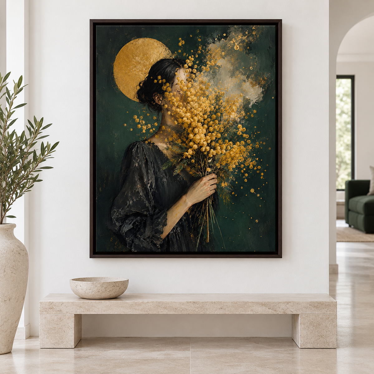 Woman with Golden Flowers Portrait Canvas Wall Art - main canvas artwork