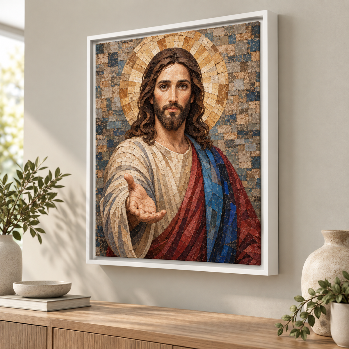 Jesus Christ Blue and Gold Mosaic Canvas Wall Art - canvas detail view 6