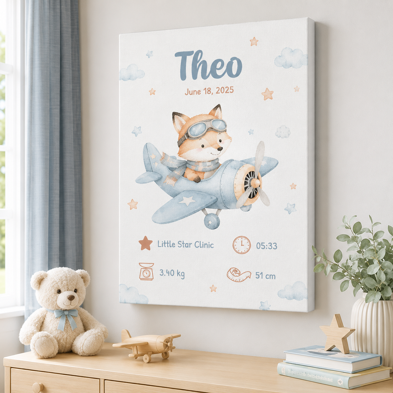 Little Aviator Personalized Baby Birth Stats Canvas Aura Canvas