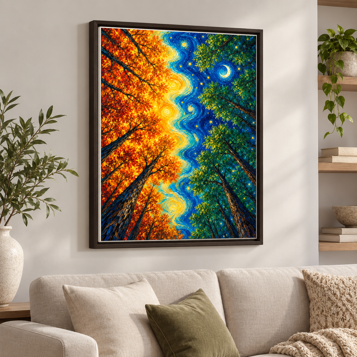 Day and Night Forest Sun and Moon Canvas Wall Art - canvas detail view 4