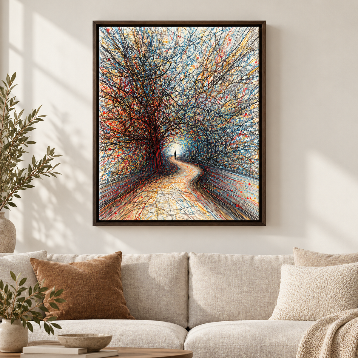 Abstract Forest Path Colorful Tree Canvas Wall Art in a black frame above a sofa