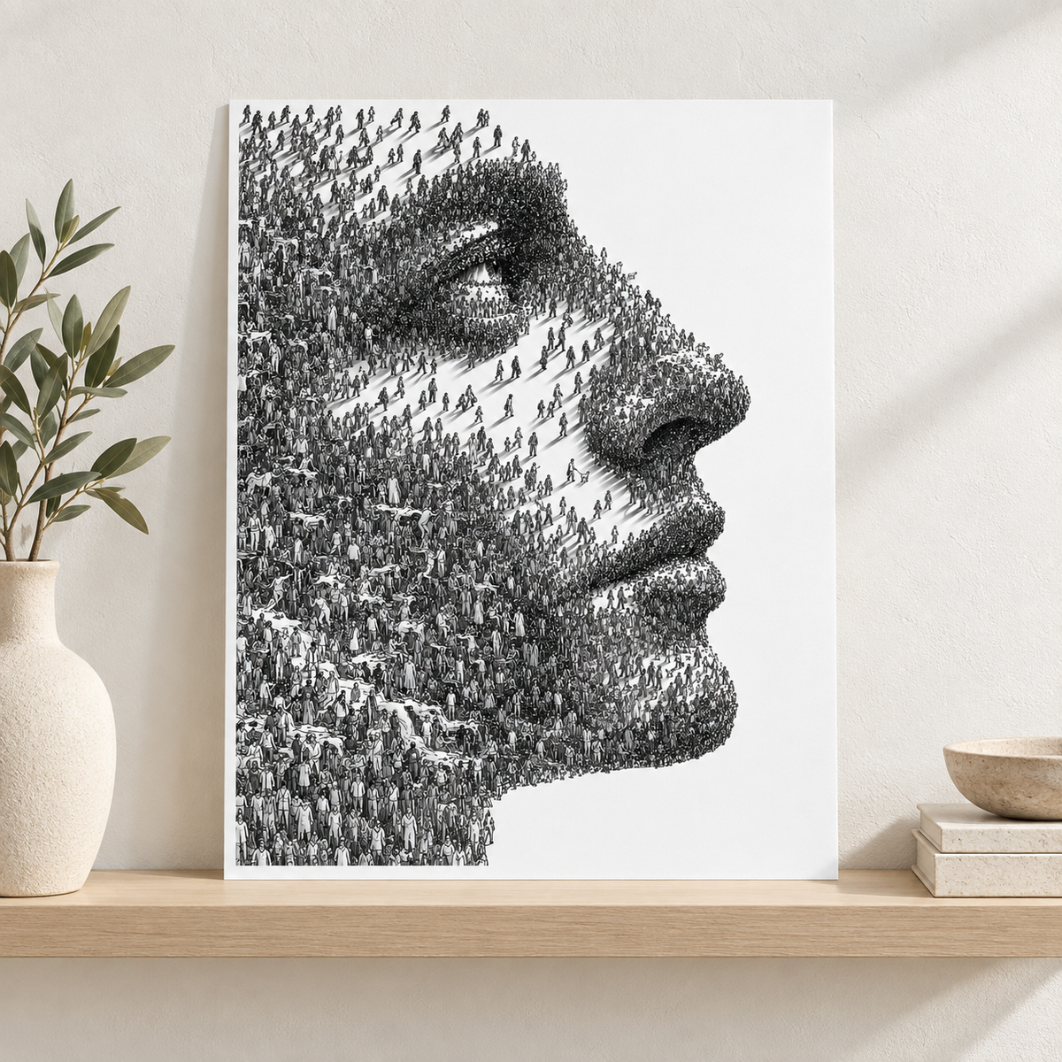 Black and White Crowd Face Portrait Canvas Wall Art - canvas detail view 8