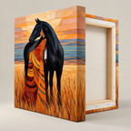 Woman and Black Horse Western Canvas Wall Art - canvas detail view 11