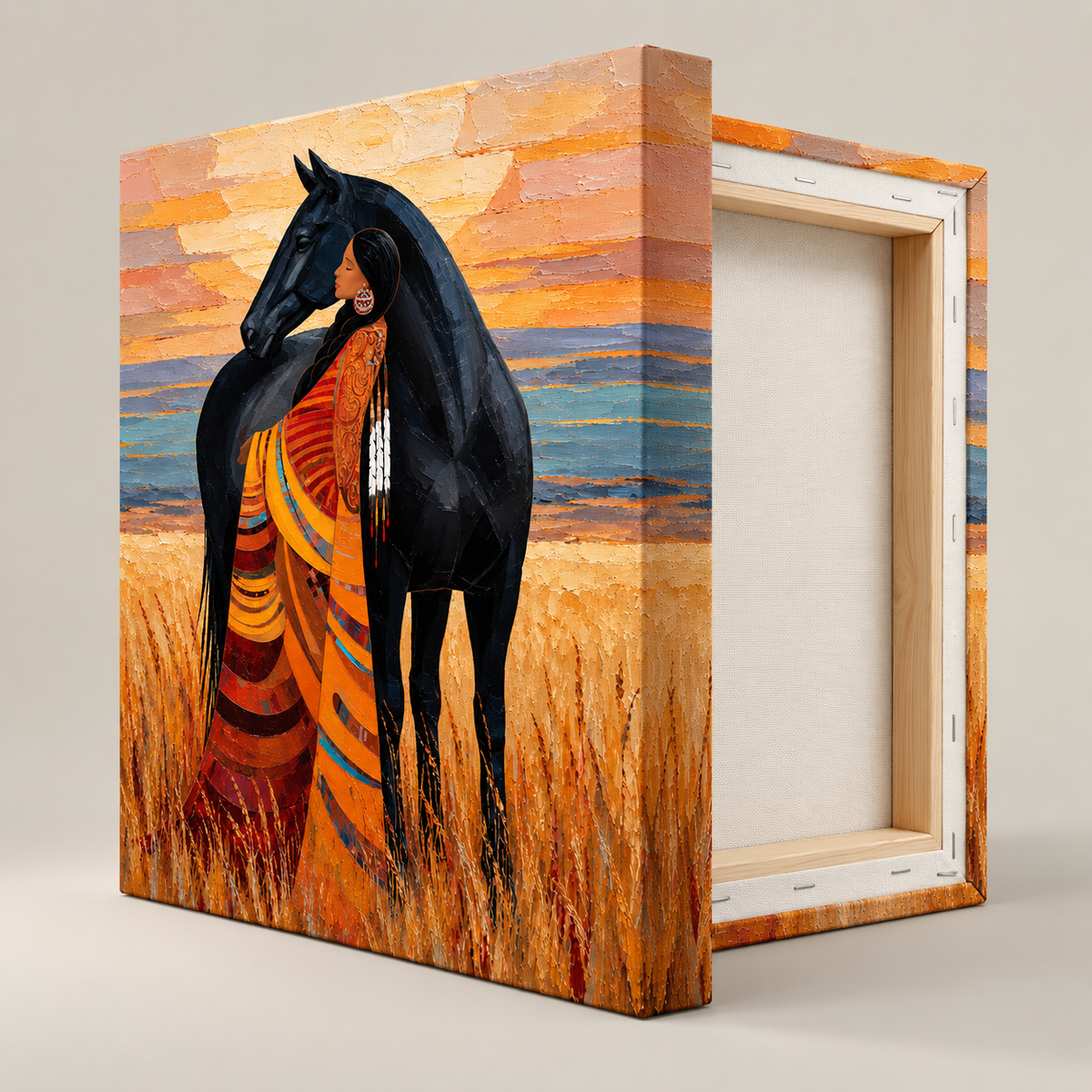 Woman and Black Horse Western Canvas Wall Art - canvas detail view 11