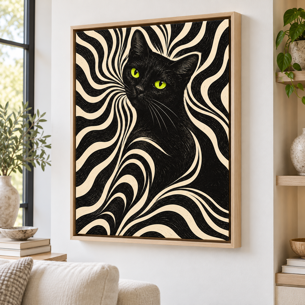 Retro Black Cat with Psychedelic Swirls Canvas Wall Art