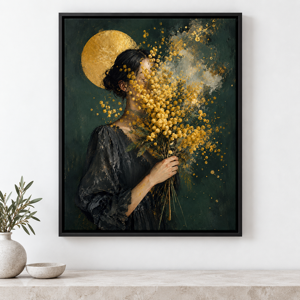 Woman with Golden Flowers Portrait Canvas Wall Art - canvas detail view 5