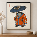 Japanese Frog in Orange Kimono with Umbrella Canvas Wall Art
