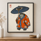 Japanese Frog in Orange Kimono with Umbrella Canvas Wall Art