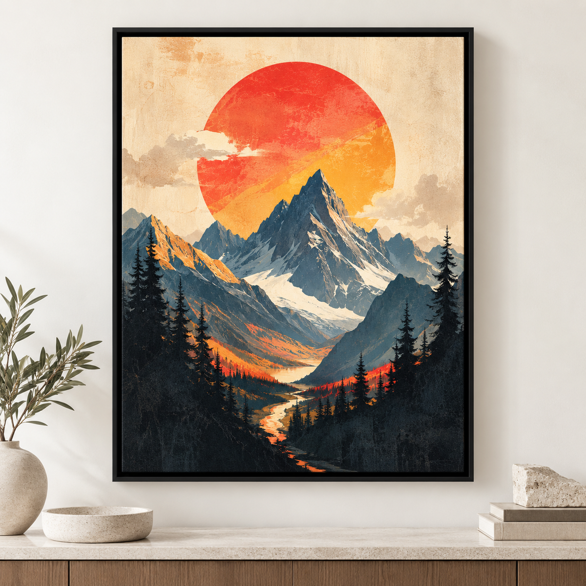 Vintage Mountain Sunset Landscape Canvas Wall Art - lifestyle room mockup