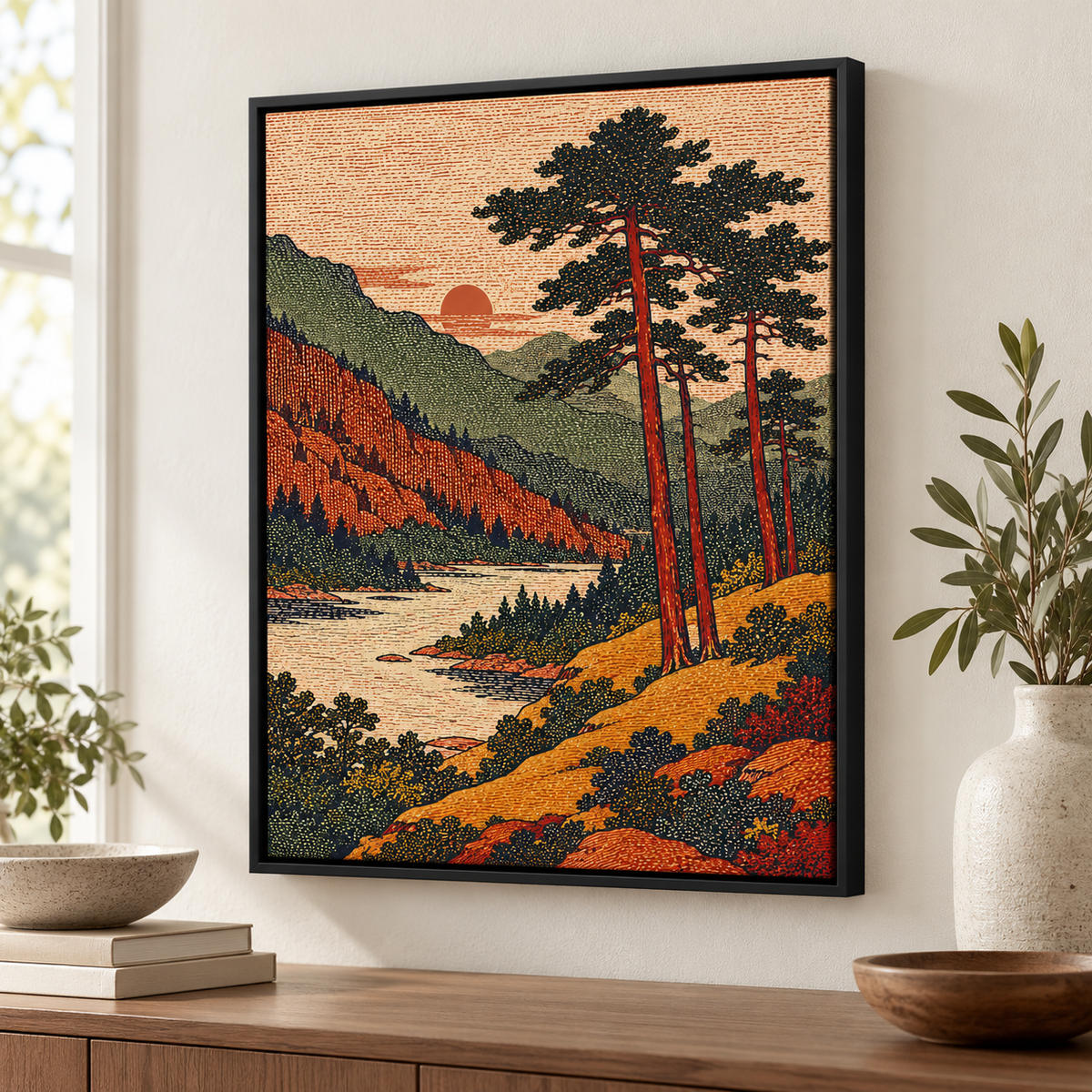 Vintage Pine Forest and Mountain Lake Canvas Wall Art
