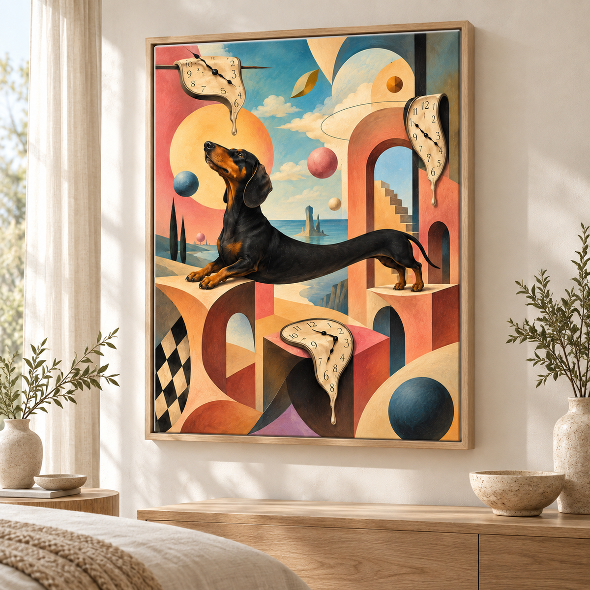 Surreal Dog and Melting Clocks Canvas Wall Art - lifestyle room mockup