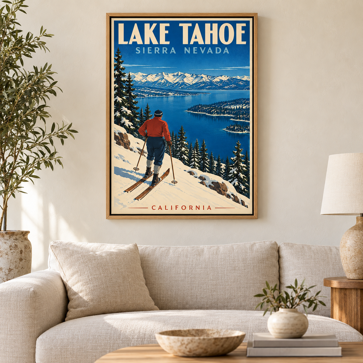 Lake Tahoe Vintage Ski Canvas Wall Art - lifestyle room mockup