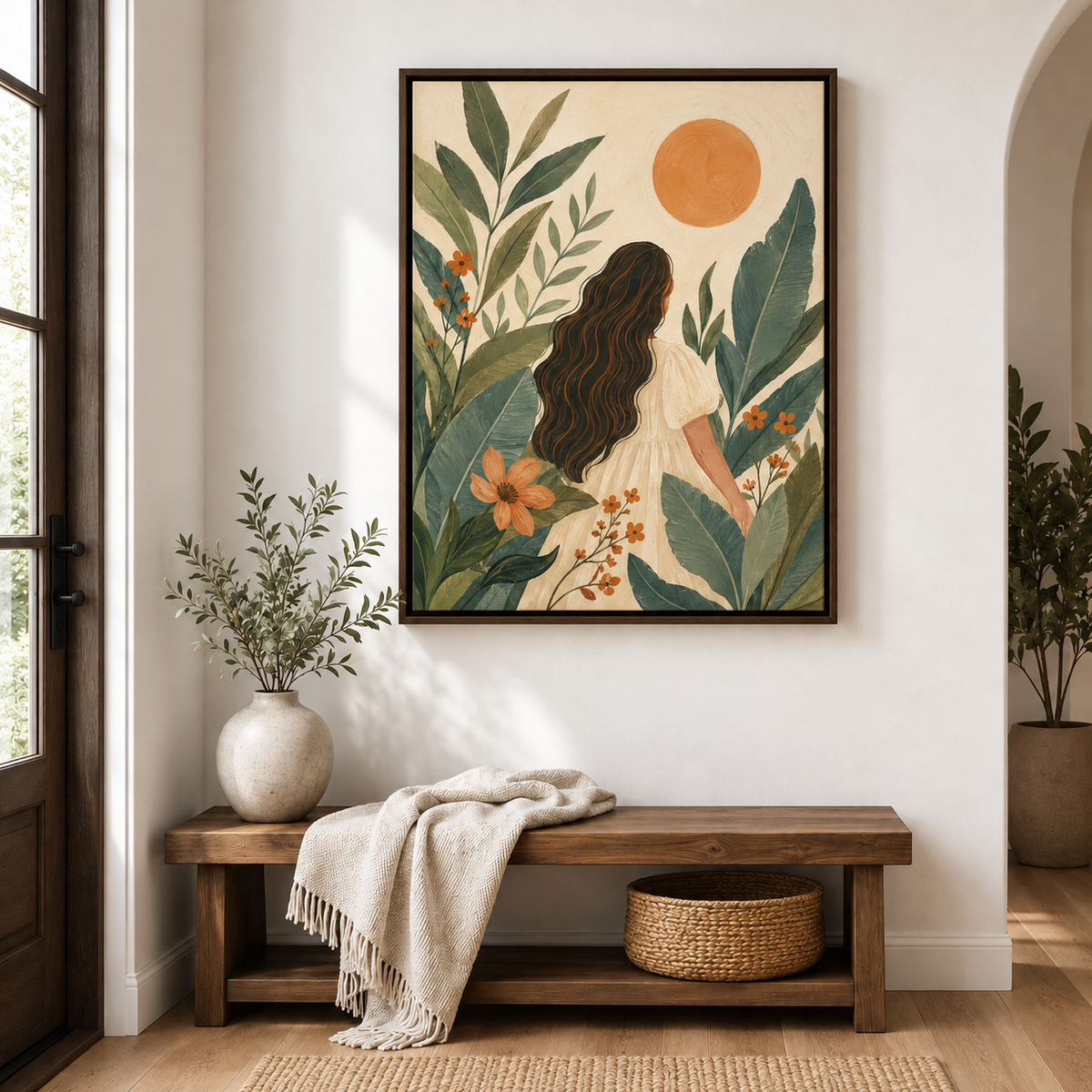 Boho Woman with Tropical Leaves Canvas Wall Art