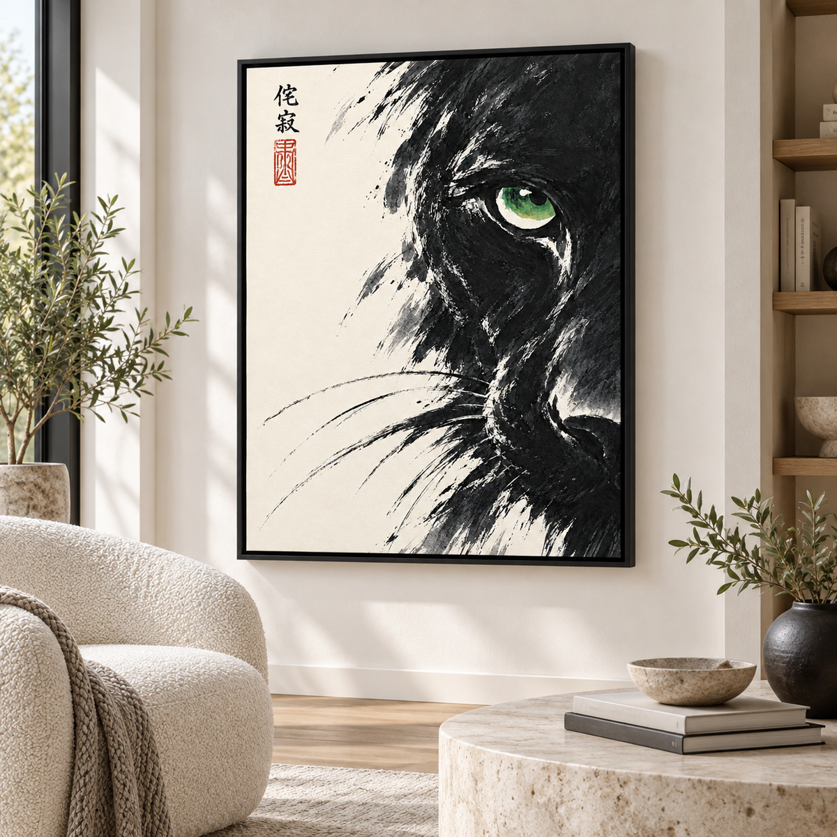 Japanese Black Cat Green Eye Canvas Wall Art