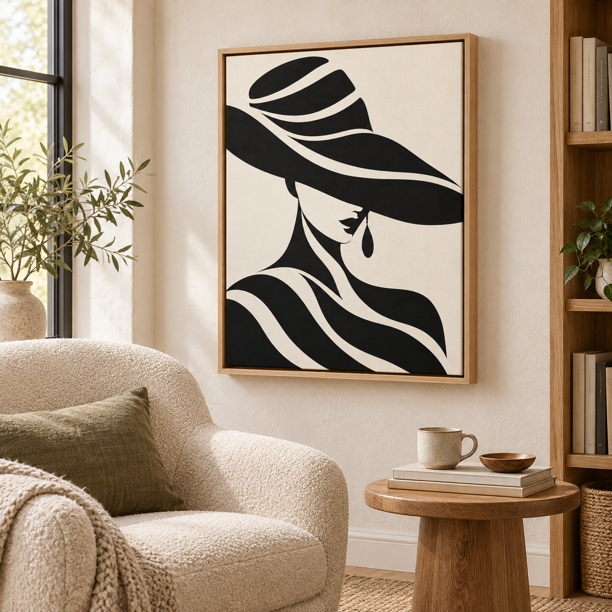 Black and Cream Woman in Wide-Brim Hat Canvas Wall Art