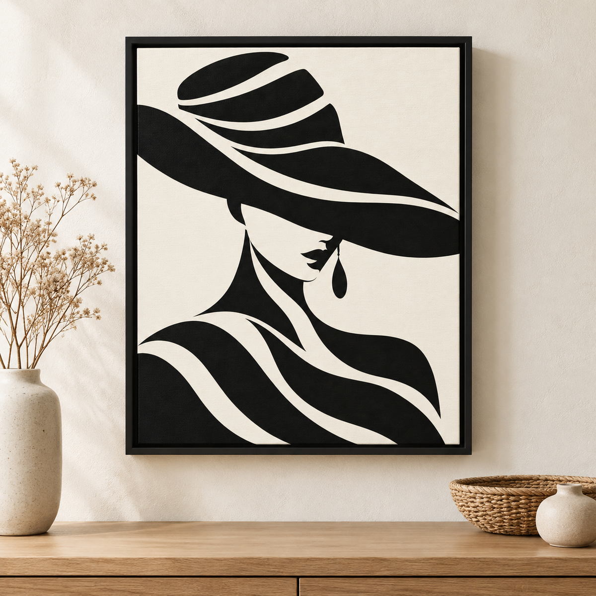 Black and Cream Woman in Wide-Brim Hat Canvas Wall Art