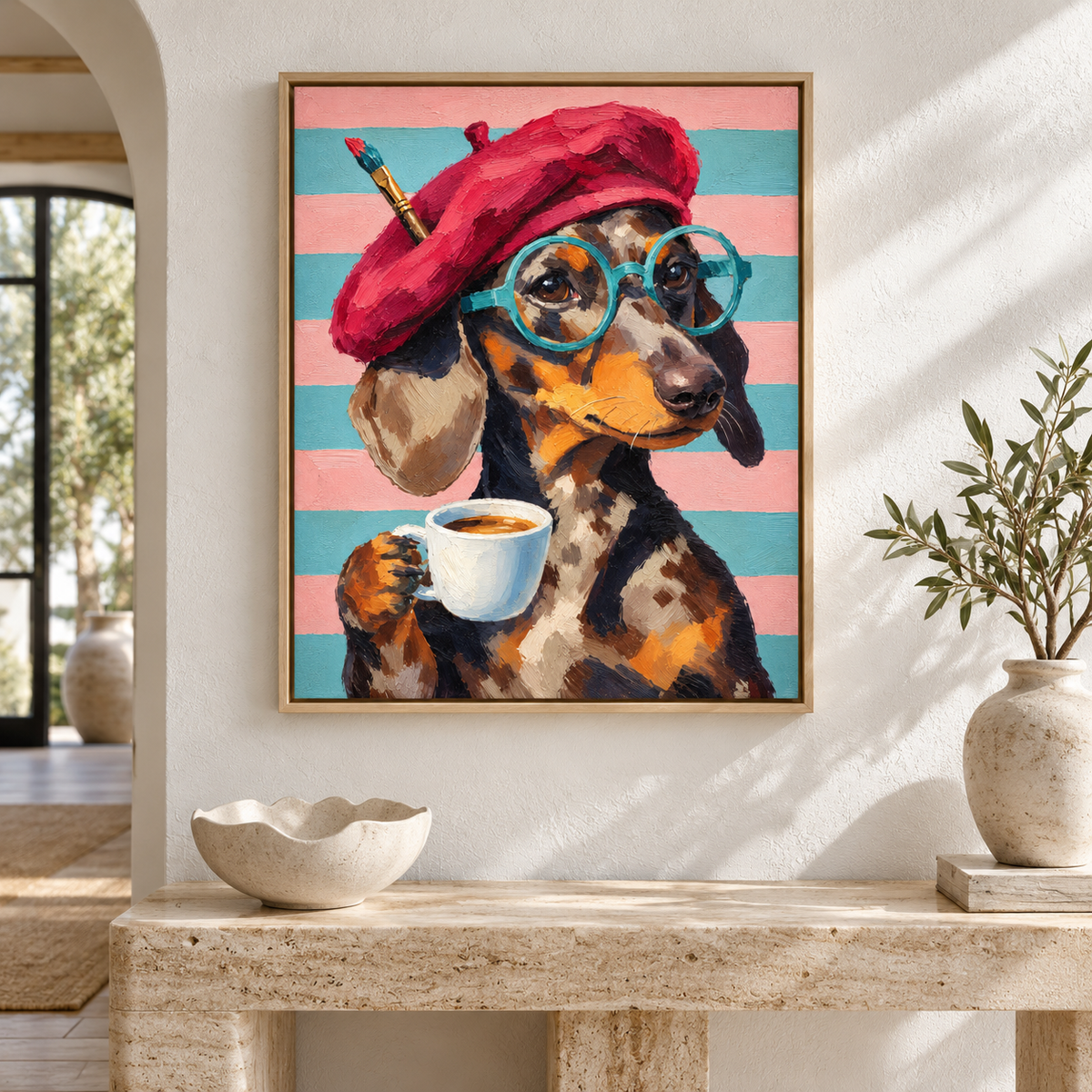 Funny Dachshund Artist with Coffee Canvas Wall Art