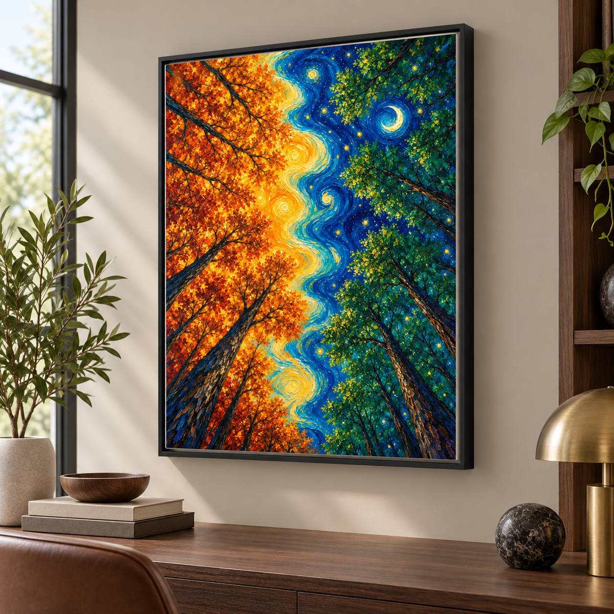Day and Night Forest Sun and Moon Canvas Wall Art - canvas detail view 6