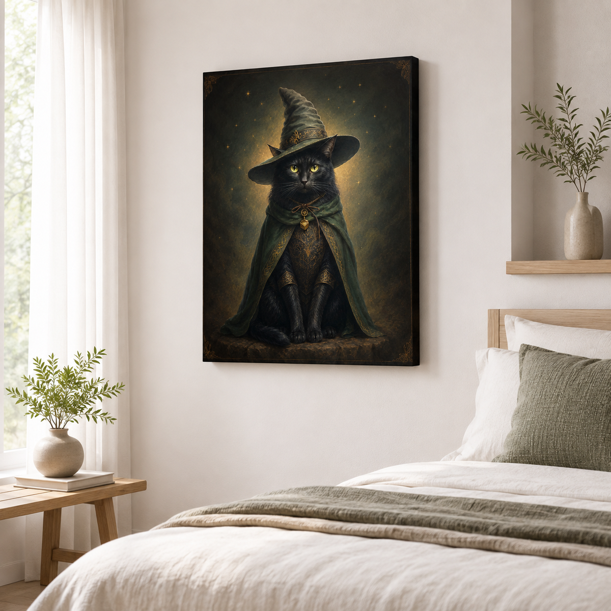 Custom Black Cat Witch Portrait Canvas Wall Art