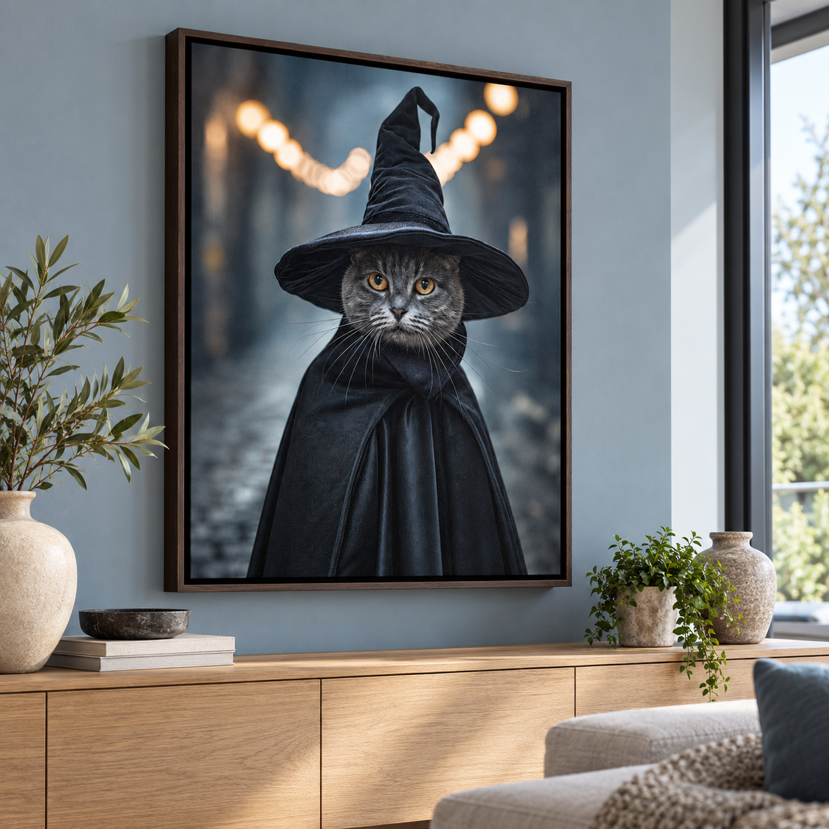 Custom Witch Hat Pet Portrait Canvas Wall Art - framed canvas mockup