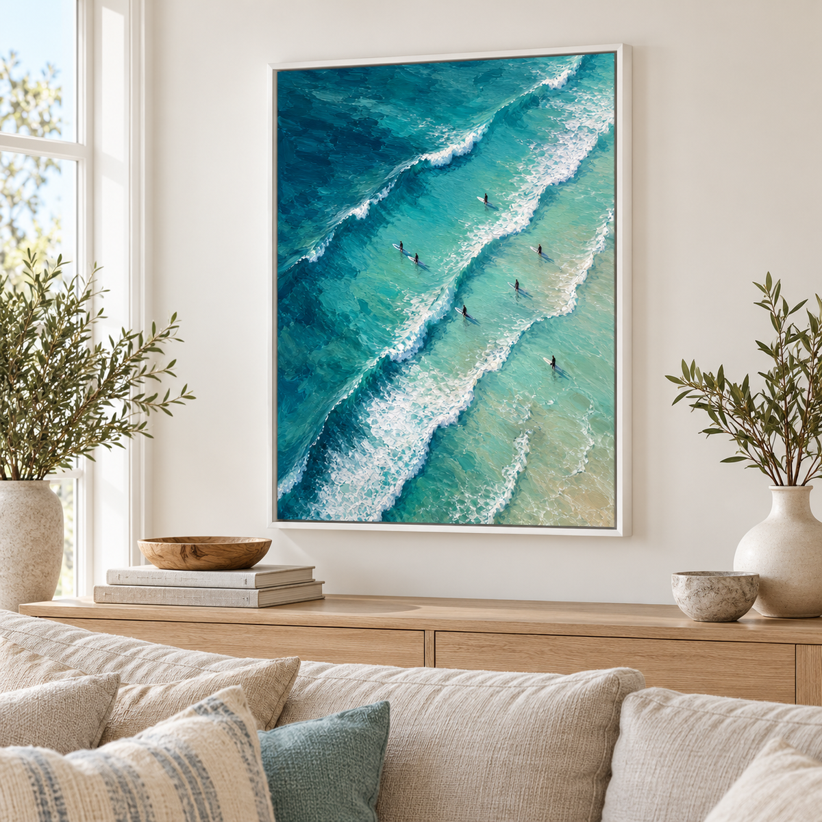 Turquoise Ocean Waves and Surfers Canvas Wall Art