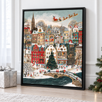 Snowy Christmas Village with Santa Sleigh Canvas Wall Art - main artwork