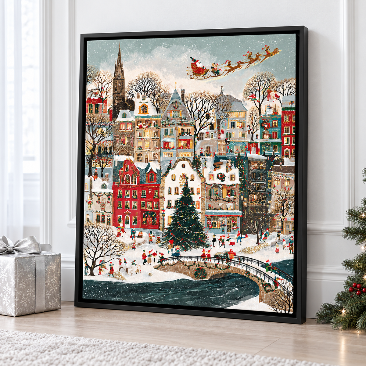 Snowy Christmas Village with Santa Sleigh Canvas Wall Art - main artwork