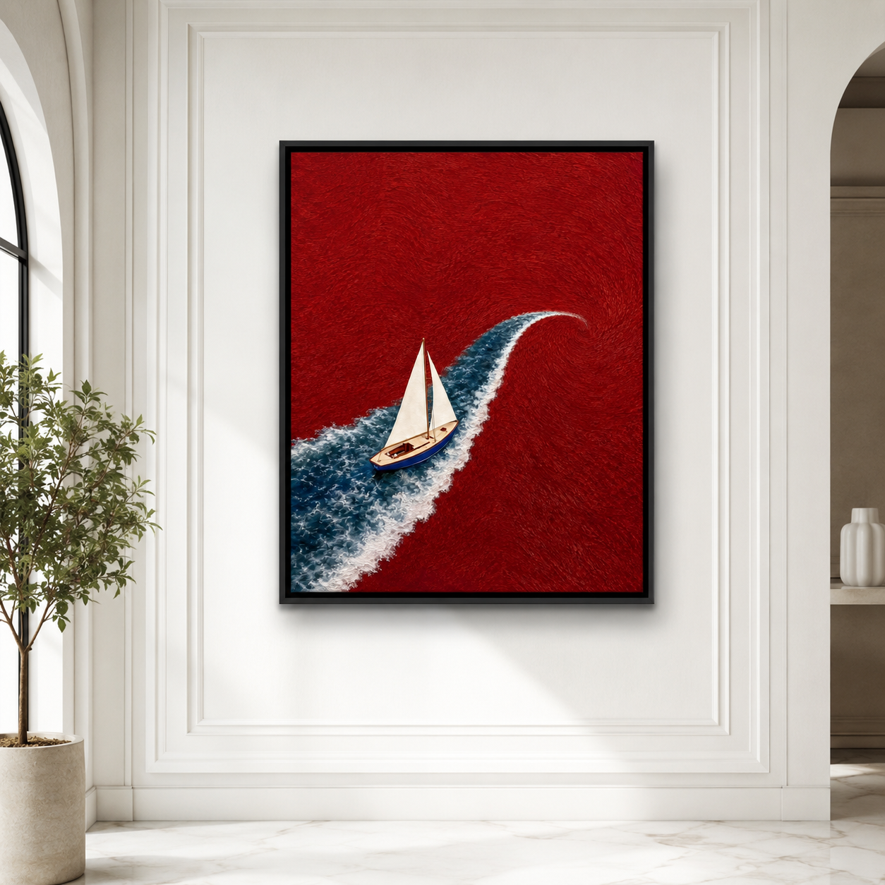 Red Ocean Sailboat Canvas Wall Art