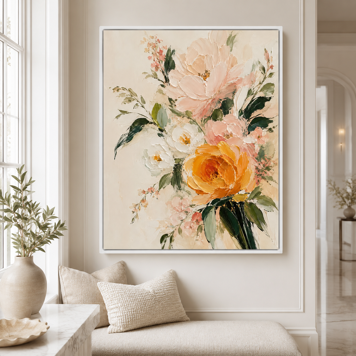 Floral Bouquet Canvas Wall Art white frame room mockup