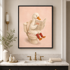 Funny Duck Bathroom Canvas Wall Art in a black frame