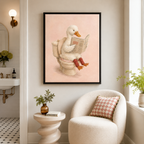 Funny Duck Bathroom Canvas Wall Art in a black frame in a bathroom