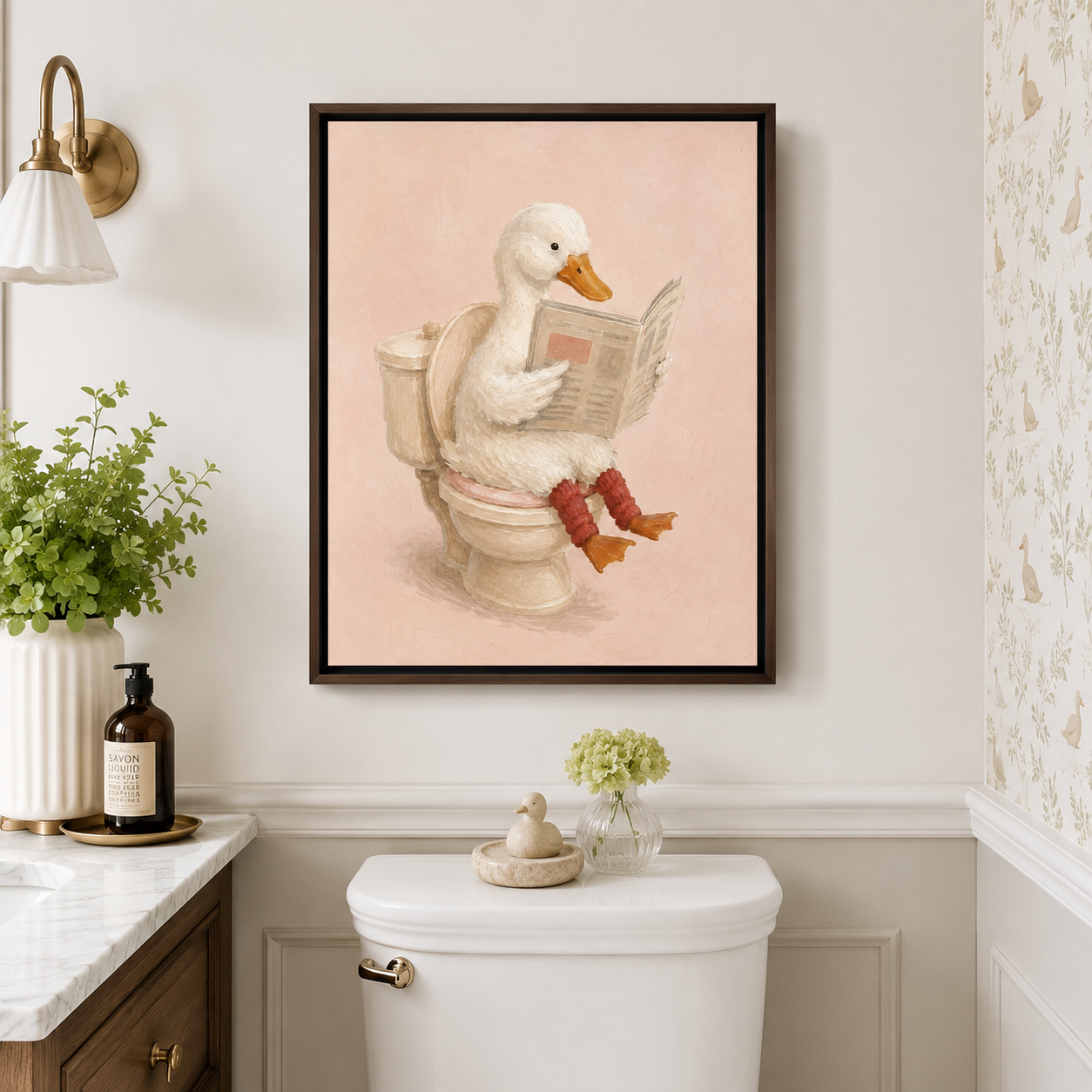 Funny Duck Bathroom Canvas Wall Art in an espresso frame
