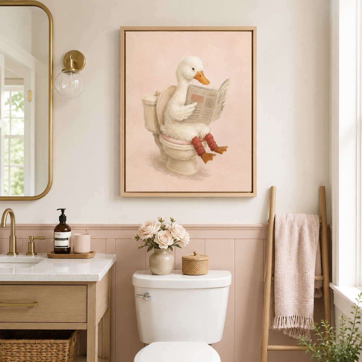 Funny Duck Bathroom Canvas Wall Art in a natural wood frame